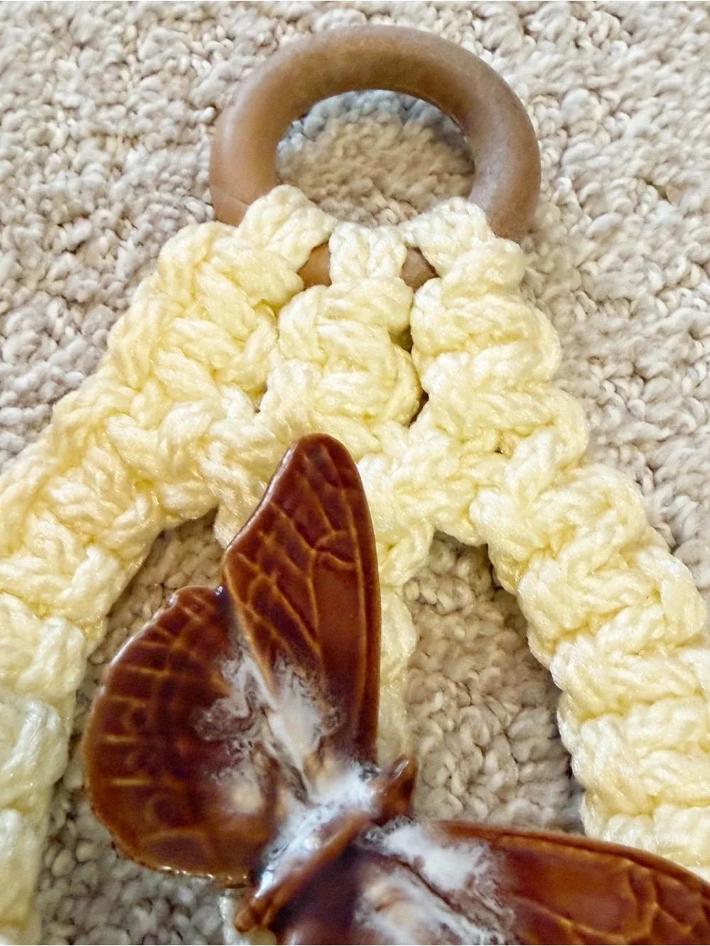 1970s Macrame Towel Holder Brown Ceramic Butterfly Handmade Hanging Boho Vintage